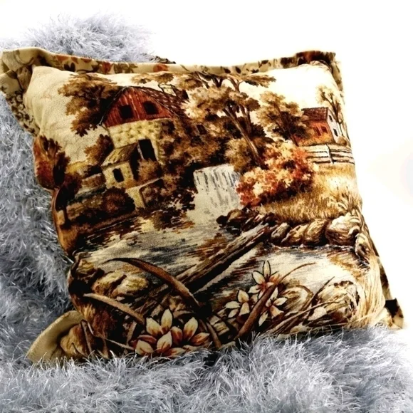 Velvetty Vtg Farm Fall Scene Square Throw Pillow - Picture 3 of 10